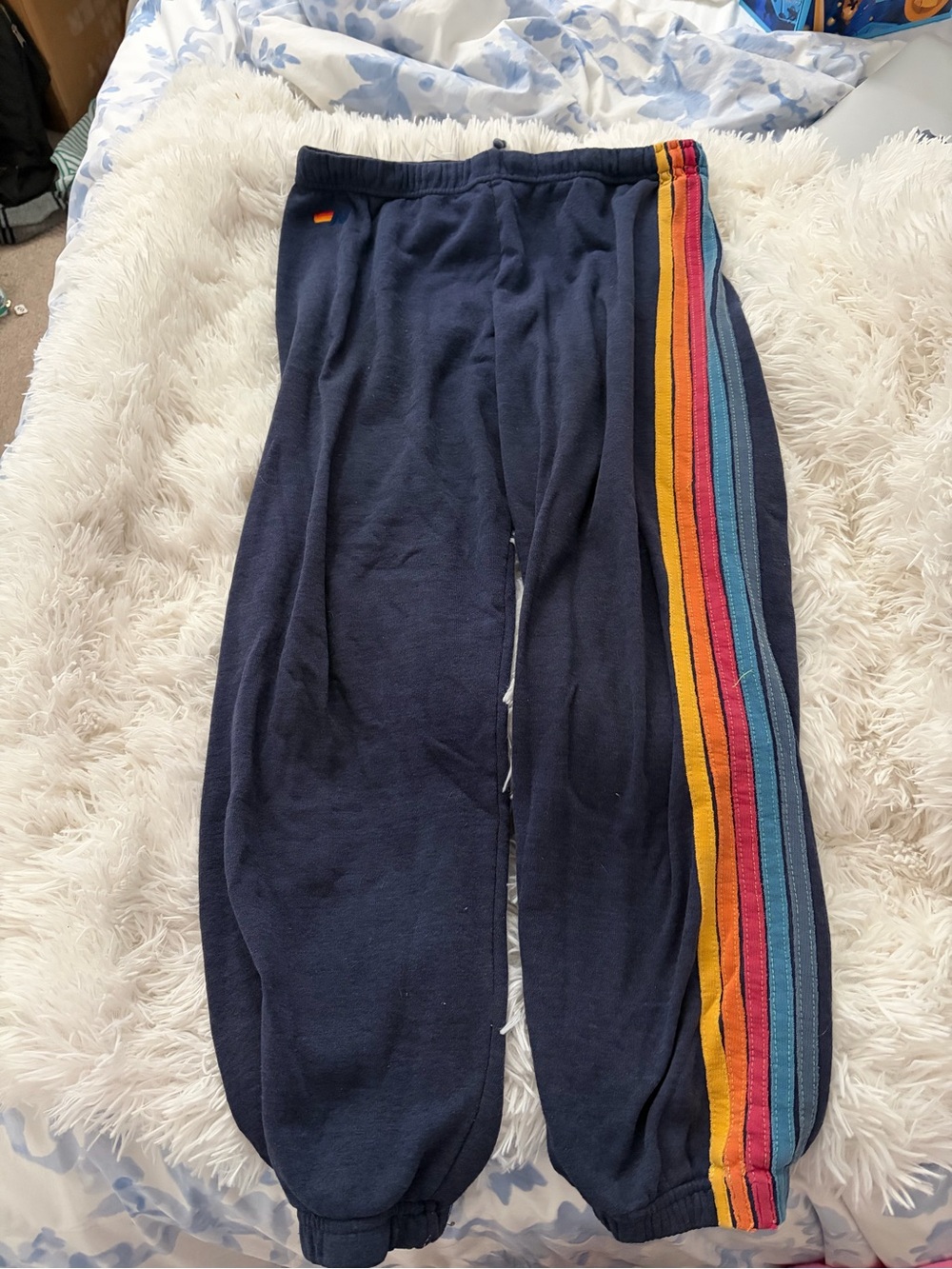 Aviator Nation Navy Sweatpants with Rainbow Side Stripes